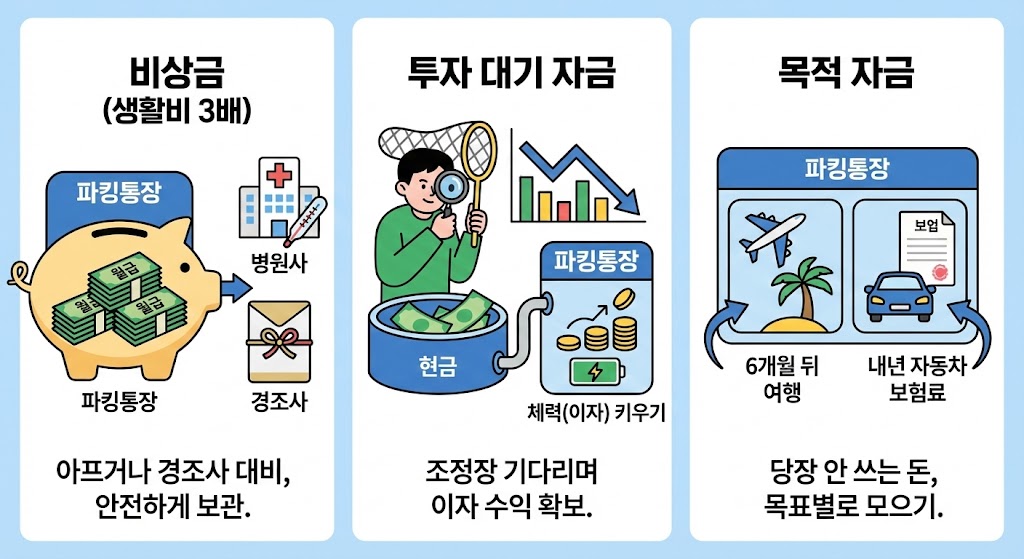 파킹통장을 활용하여 비상금과 투자 대기 자금을 효율적으로 관리하는 통장 쪼개기 방법 일러스트
