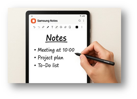 무한 필기를 할 수 있고, PDF에 주석을 달 수도 있으며 원노트와도 연동이 가능한 삼성 노트를 활용하는 모습