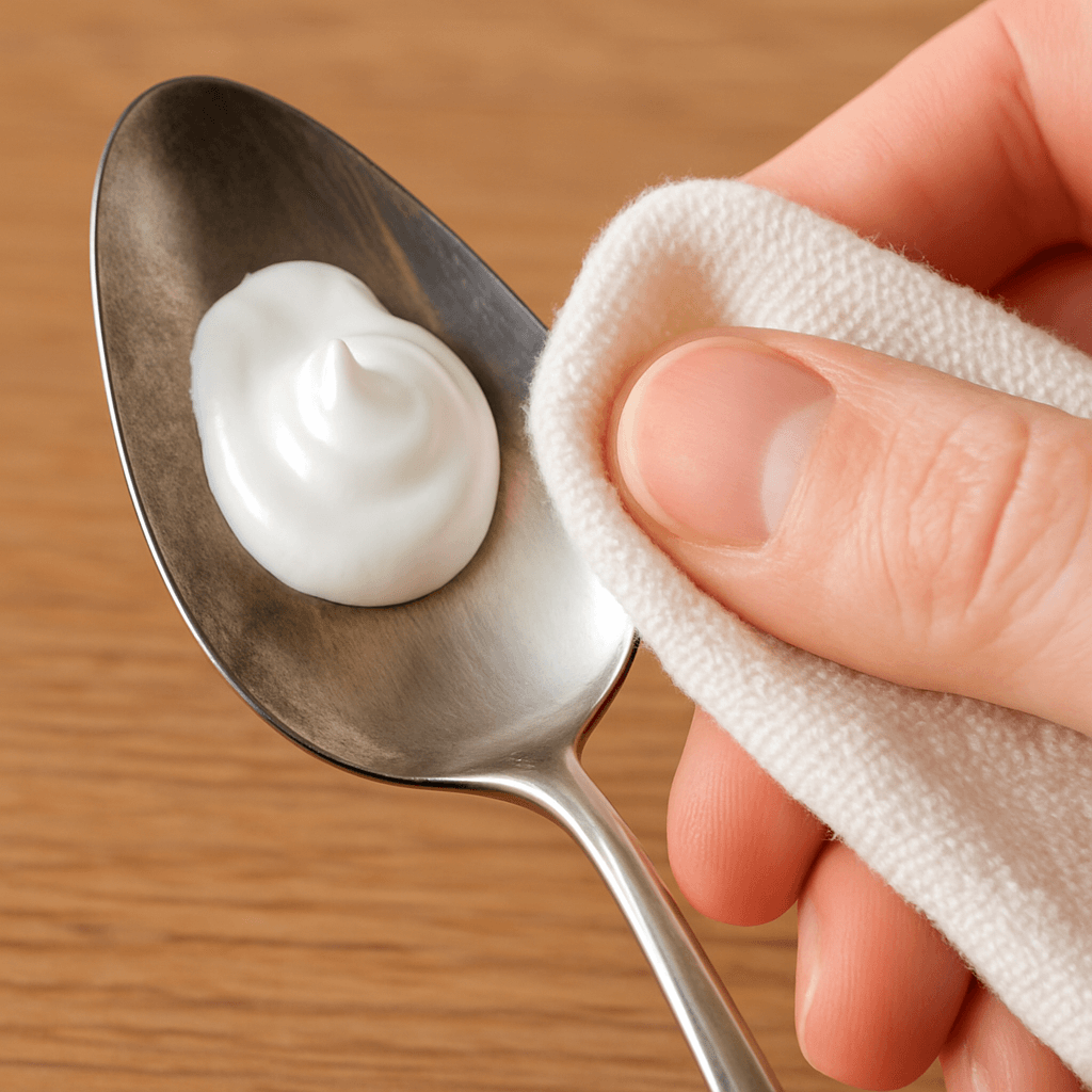 치약으로 은수저를 닦는 모습