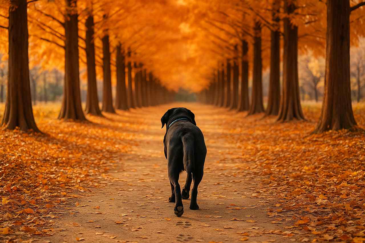 노란빛으로 물든 담양의 메타세쿼이아 단풍길을 검은 래브라도 리트리버가 뒤돌아보지 않고 천천히 걸어가는 뒷모습의 가을 산책 장면