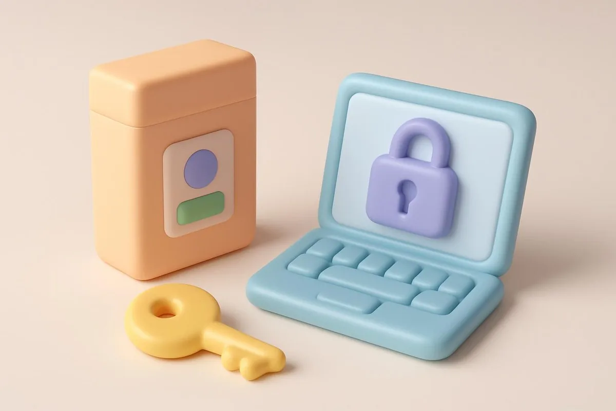 라이선스 카드·열쇠·자물쇠가 떠 있는 노트북 3D 아이콘 (소프트웨어 라이선스)