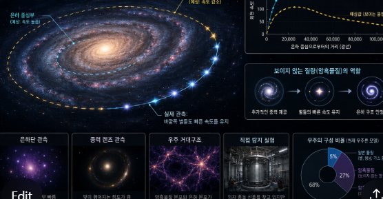 은하 가장자리 별들의 빠른 회전과 보이지 않는 암흑물질 분포를 함께 표현한 우주 관측 인포그래픽