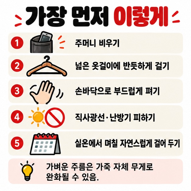 주머니 비우기 넓은 옷걸이 사용 손으로 부드럽게 펴기 직사광선 피하기 자연스럽게 걸어 두기 순서를 보여주는 카드