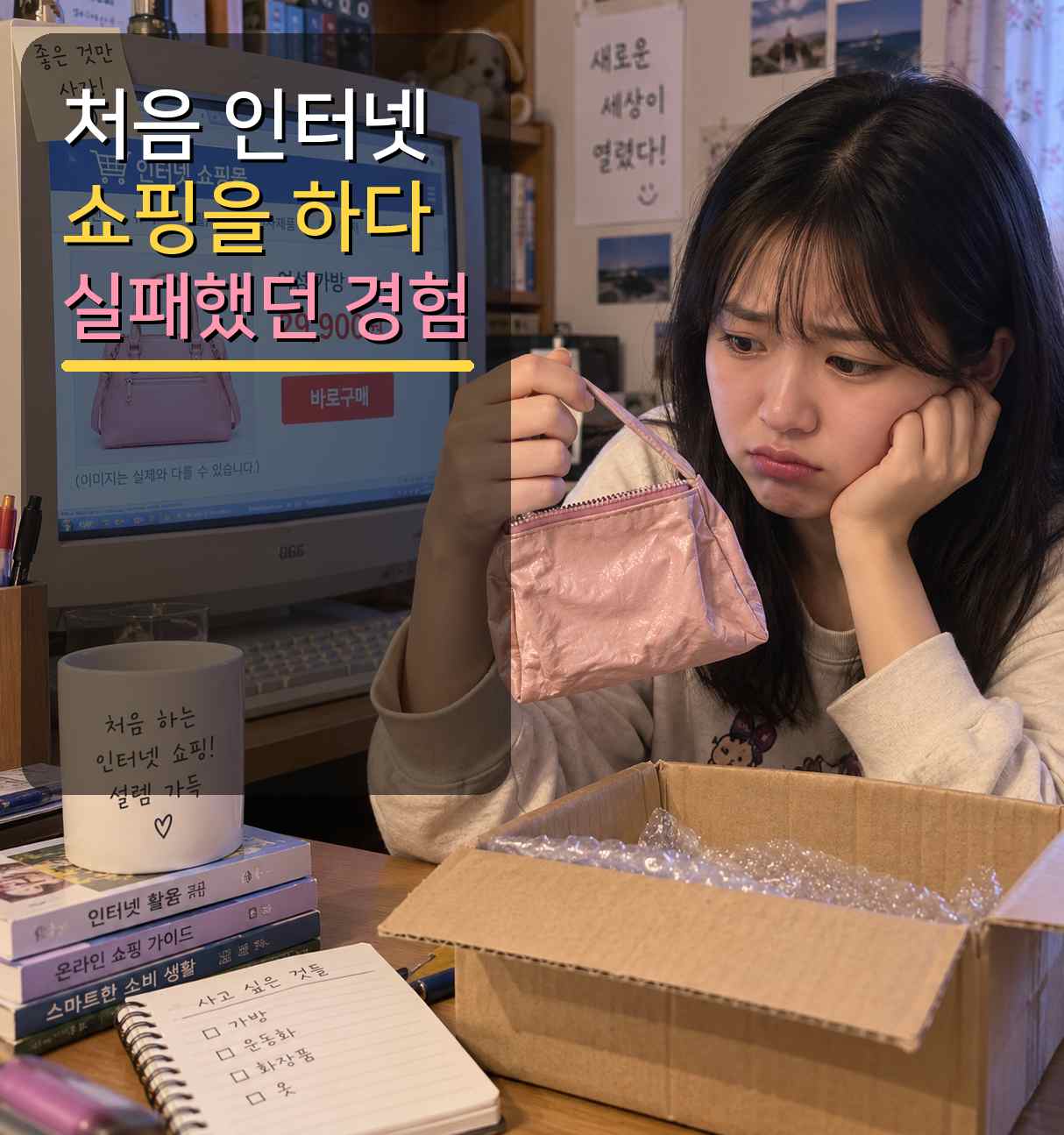 오래된 컴퓨터 앞에서 인터넷 쇼핑으로 주문한 물건을 택배 상자에서 꺼내 확인하는 사람과 제목 문구