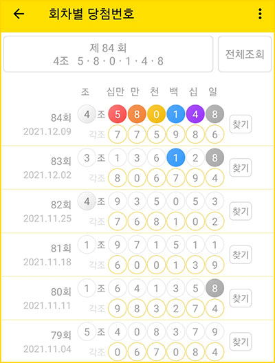 연금복권 회차별 당첨번호 내역