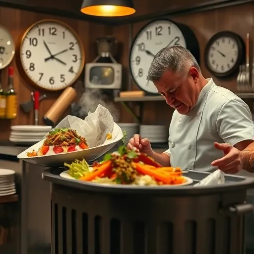 소개: 노쇼로 인해 준비된 음식이 버려지거나, 손님을 기다리며 낭비되는 직원들의 시간을 시각적으로 표현합니다. 설명: 레스토랑 주방에서 막 조리된 듯한 신선한 음식이 쓰레기통에 버려지는 장면을 클로즈업합니다. 동시에 시계를 바라보며 한숨을 쉬고 있는 요리사나 직원의 모습도 함께 담아 노쇼로 인한 시간과 재료의 손실을 강조합니다.