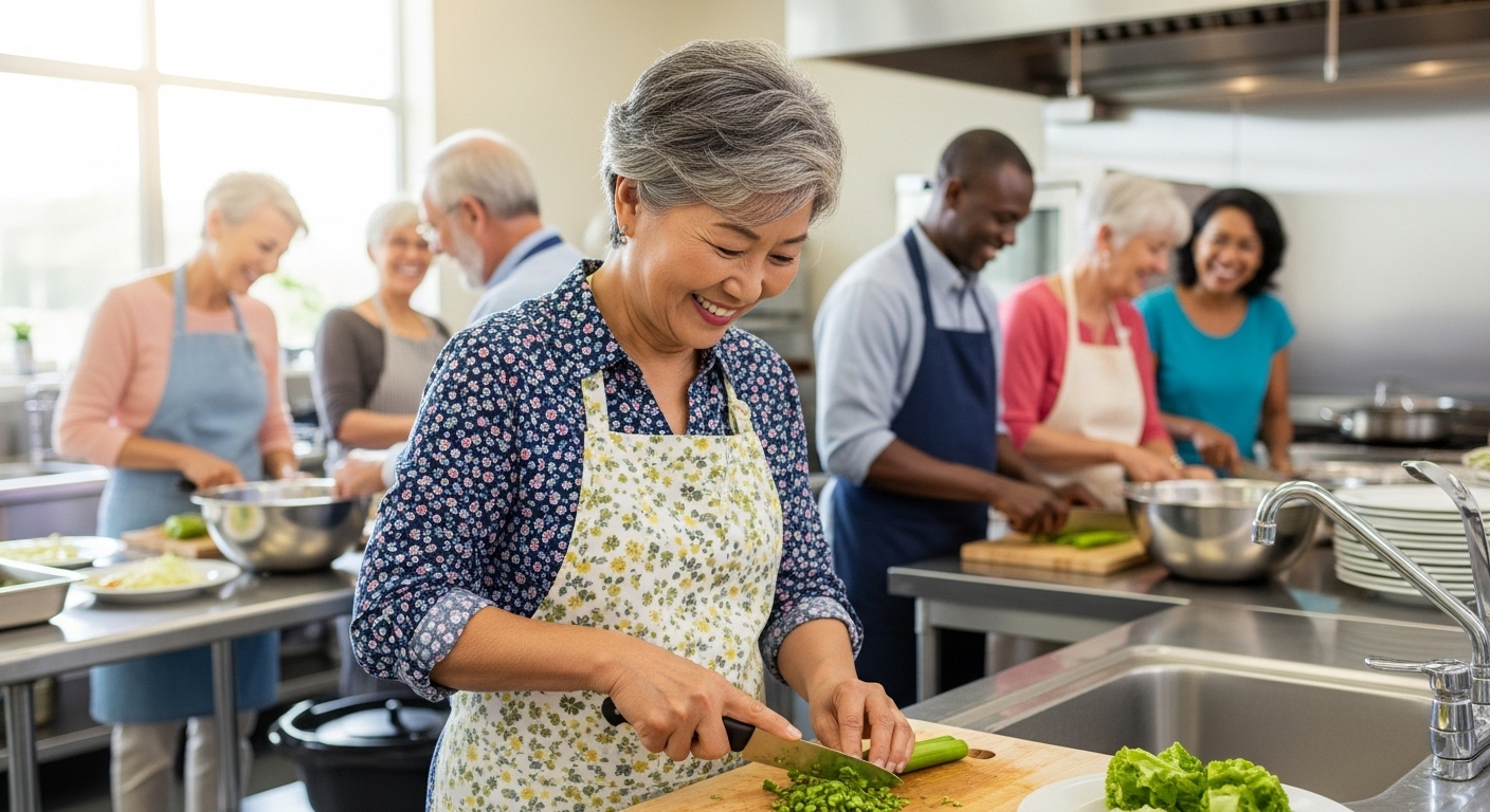 복지관에서 봉사활동하며 행복해하는 72세 여성