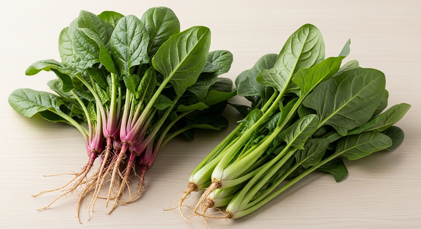 비금도섬초와 일반 시금치를 나란히 비교한 사진. 비금도섬초는 잎이 두껍고 뿌리가 붉은 반면, 일반 시금치는 잎이 얇고 길쭉합니다.