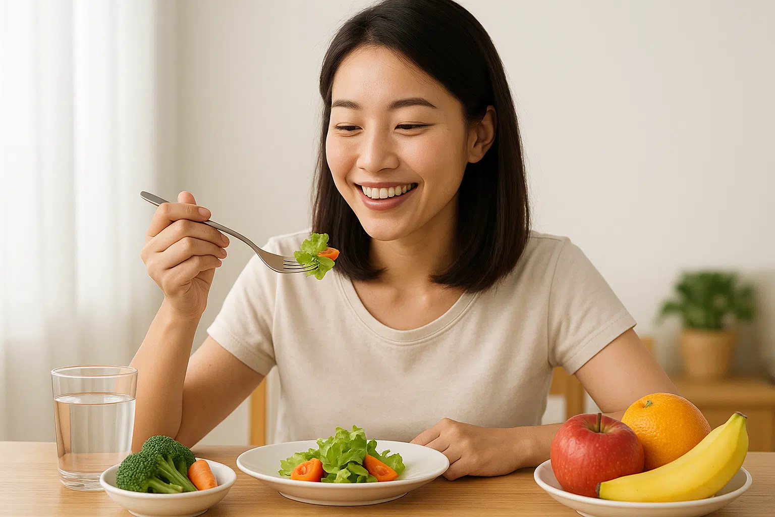 건강한 식습관을 실천하는 사람 — 소량으로 식사, 신선한 채소와 과일