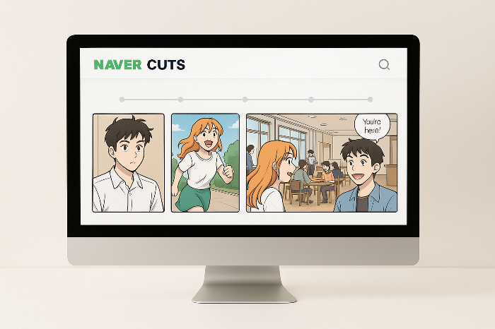 웹툰 컷이 타임라인 위에서 자동 배열되는 작업 화면.