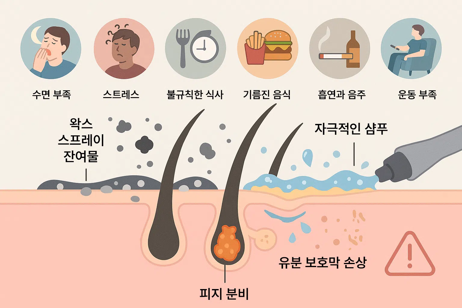 수면 부족, 스트레스, 불규칙 식사, 기름진 음식, 흡연·음주, 운동 부족 등 생활습관 아이콘, 두피와 모발 위에 왁스·스프레이 잔여물이 남아 있는 모습, 자극적인 샴푸 사용 후 두피 유분 보호막이 손상