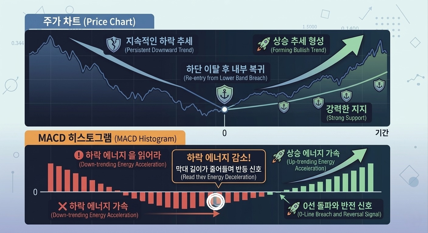 MACD 히스토그램 하락 에너지 감소 및 바닥 다지기