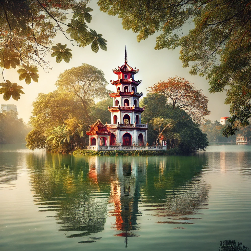 호수 위에 고요히 서 있는 쩐꾸옥 사원의 모습