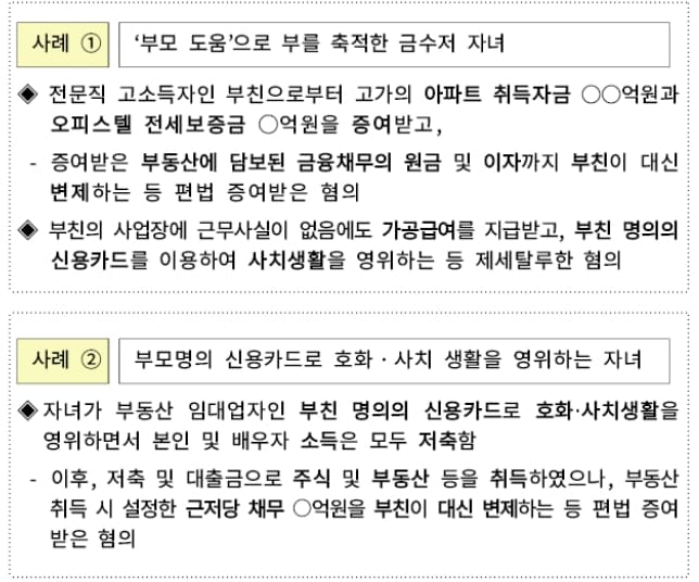부유층 자녀들 &lsquo;부모찬스&rsquo; 이용 변칙적 탈루행위 벌여 