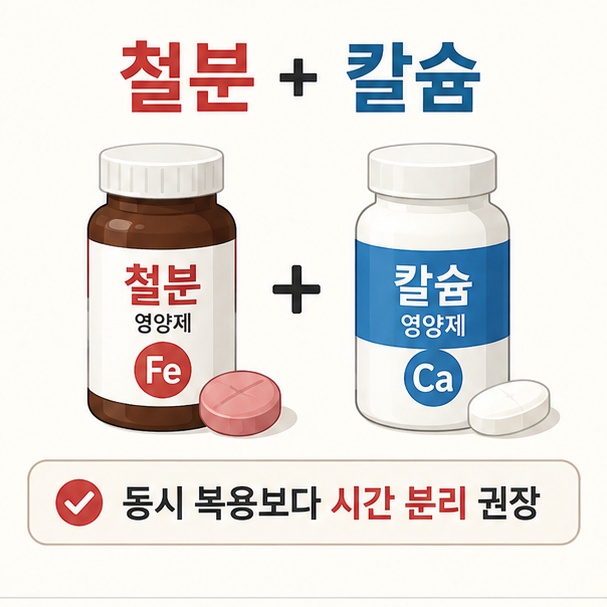 철분과 칼슘 영양제를 같은 시간보다 따로 복용하는 것이 철분 흡수 방해 가능성을 줄이는 데 도움이 됨을 설명한 이미지