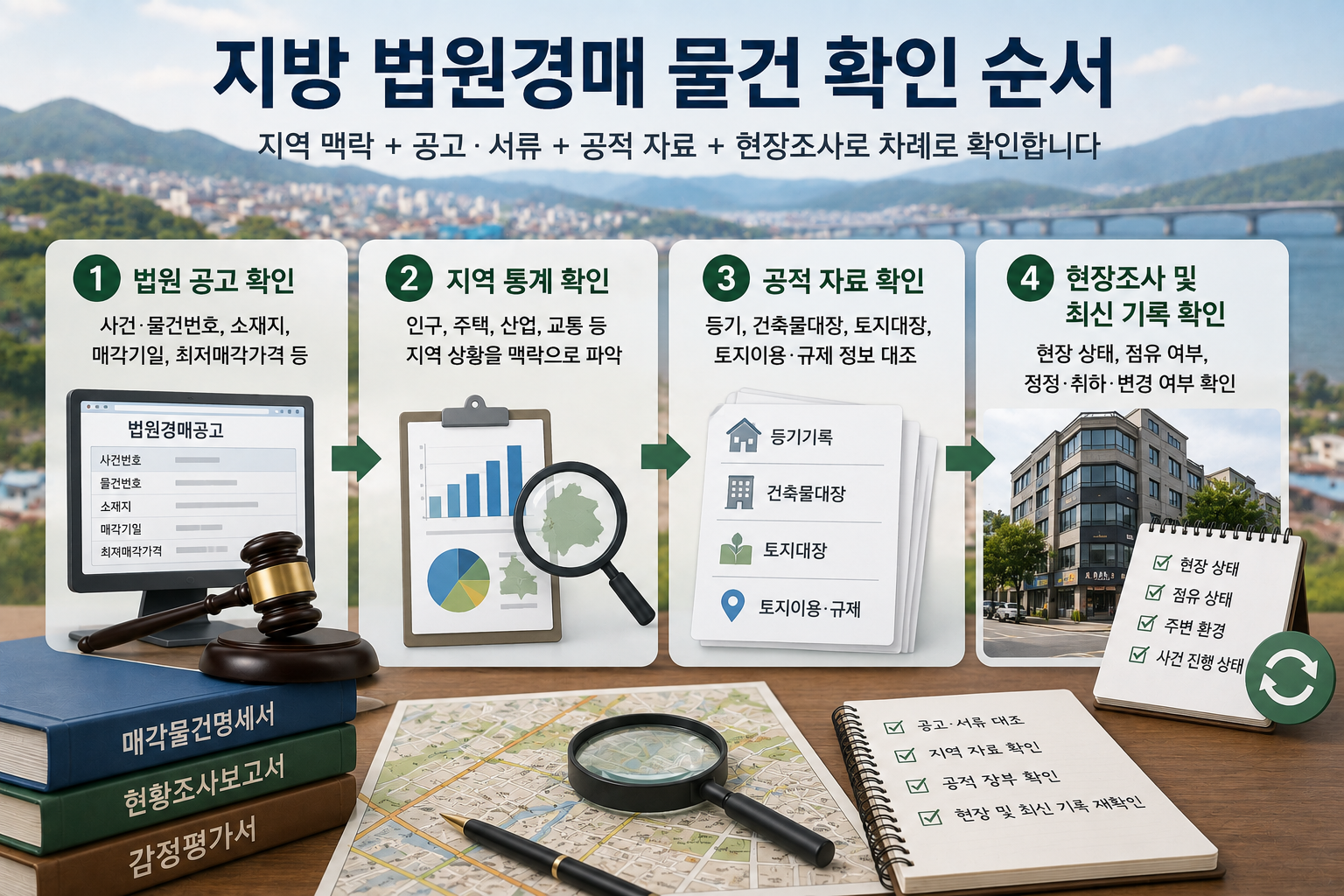 지방 법원경매 물건의 공고&middot;지역 통계&middot;공적 자료&middot;현장 확인 순서