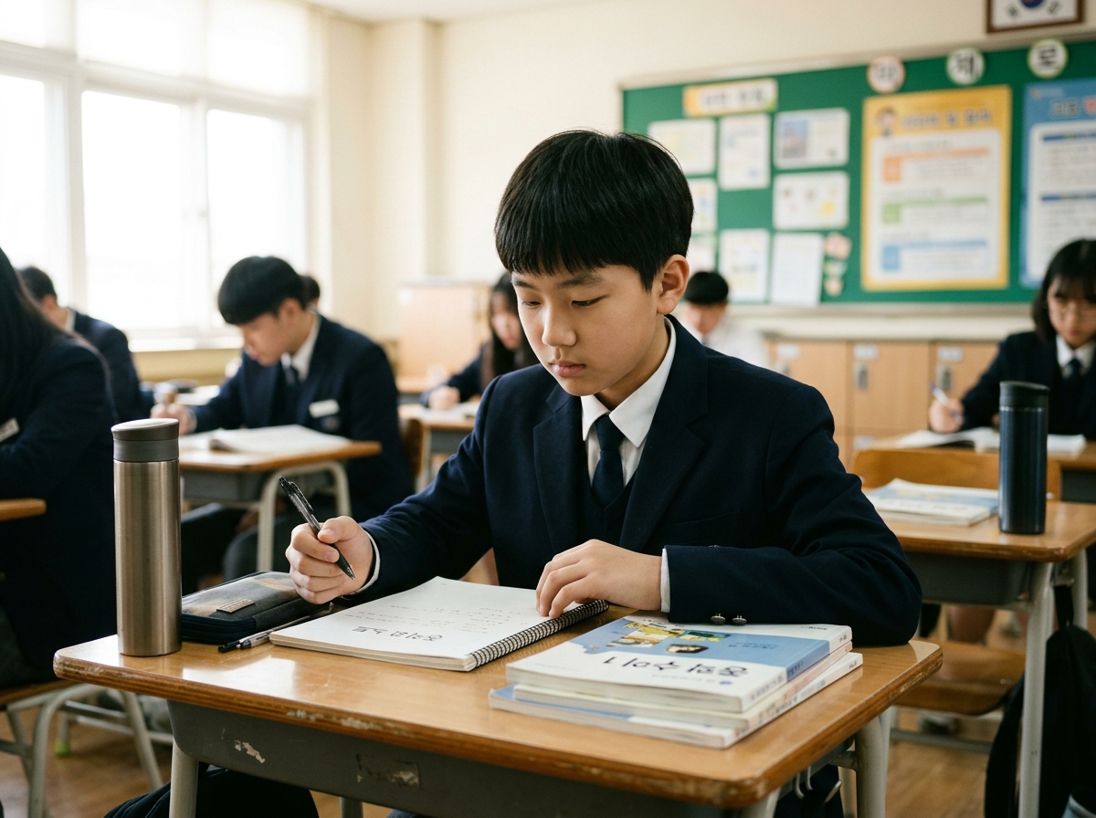 책상에 앉아 공부를 시작하는 중학생