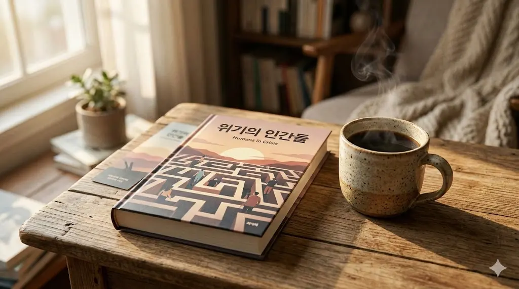 따뜻한 김이 피어오르는 커피 한 잔과 함께 나무 테이블 위에 가지런히 놓인 위기의 인간들 소설책 표지