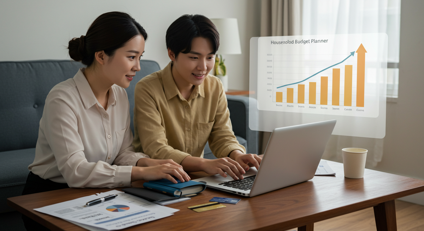 부부가 함께 노트북 앞에 앉아 가계부를 작성하는 모습