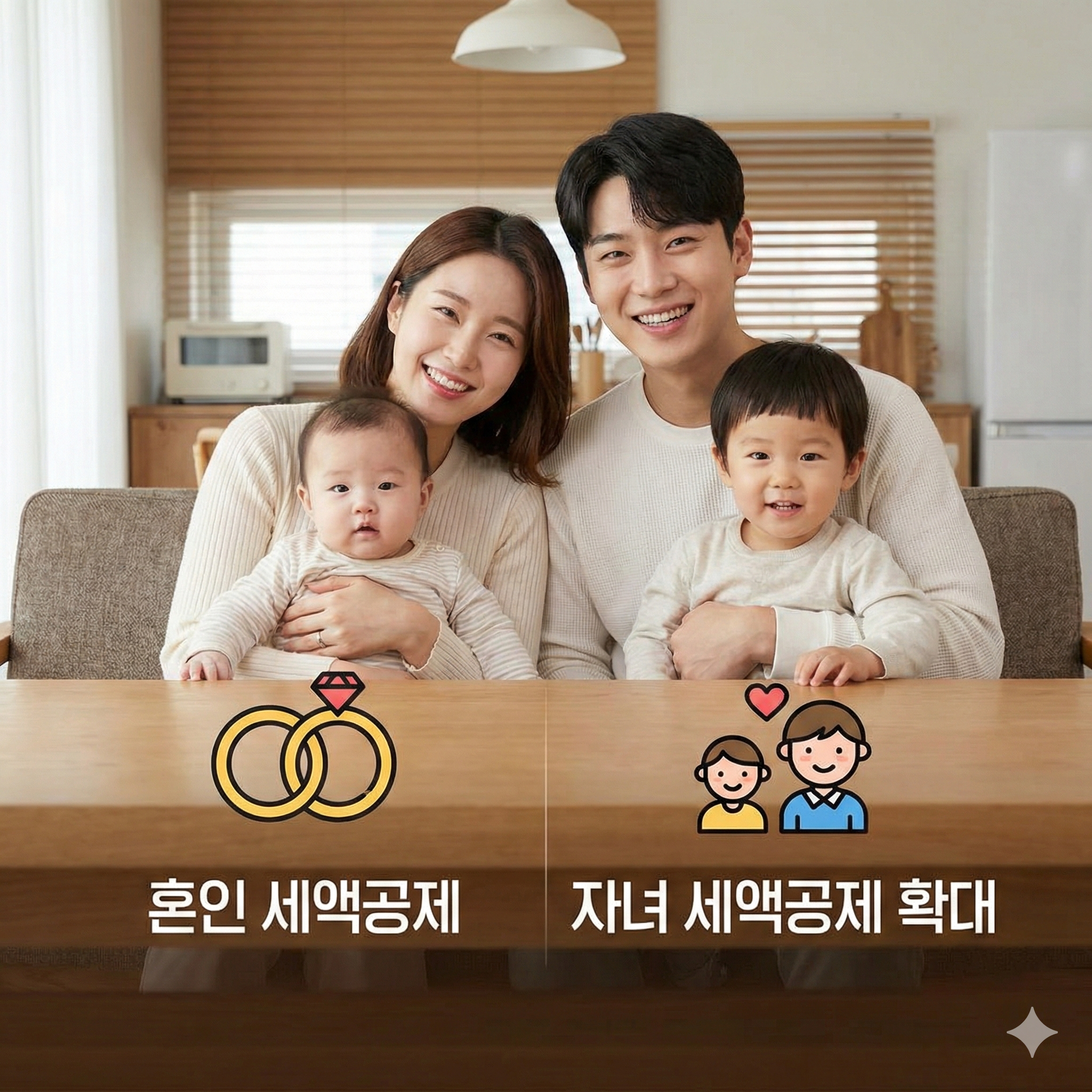 혼인 세액공제와 자녀 세액공제 혜택을 받는 행복한 신혼부부와 어린아이 가족 모습