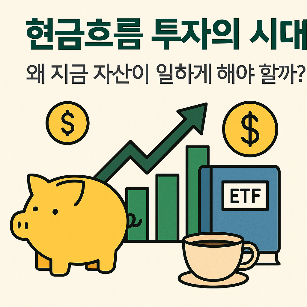 현금흐름 투자 전략을 설명하는 썸네일 – 돼지저금통, 상승 그래프, ETF 책, 달러 아이콘, 커피잔이 포함된 플랫 스타일 일러스트