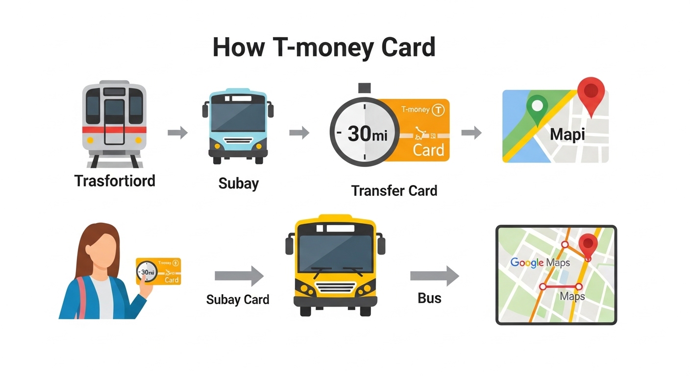 T-money card infographic showing subway and bus transfer system in Seoul
