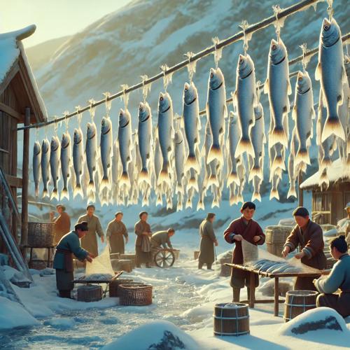 얼린 고기를 건조시키는 어부들