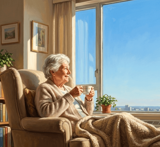 노인 복지주택에 거주하며 여유로운 삶을 즐기고 있는 노인