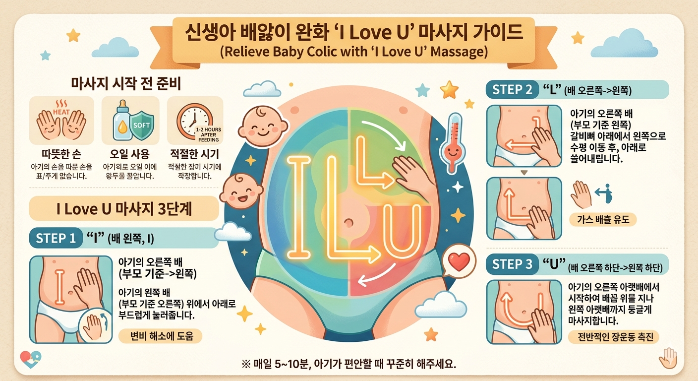 신생아 배앓이 완화 I Love U 마사지 가이드 인포그래픽