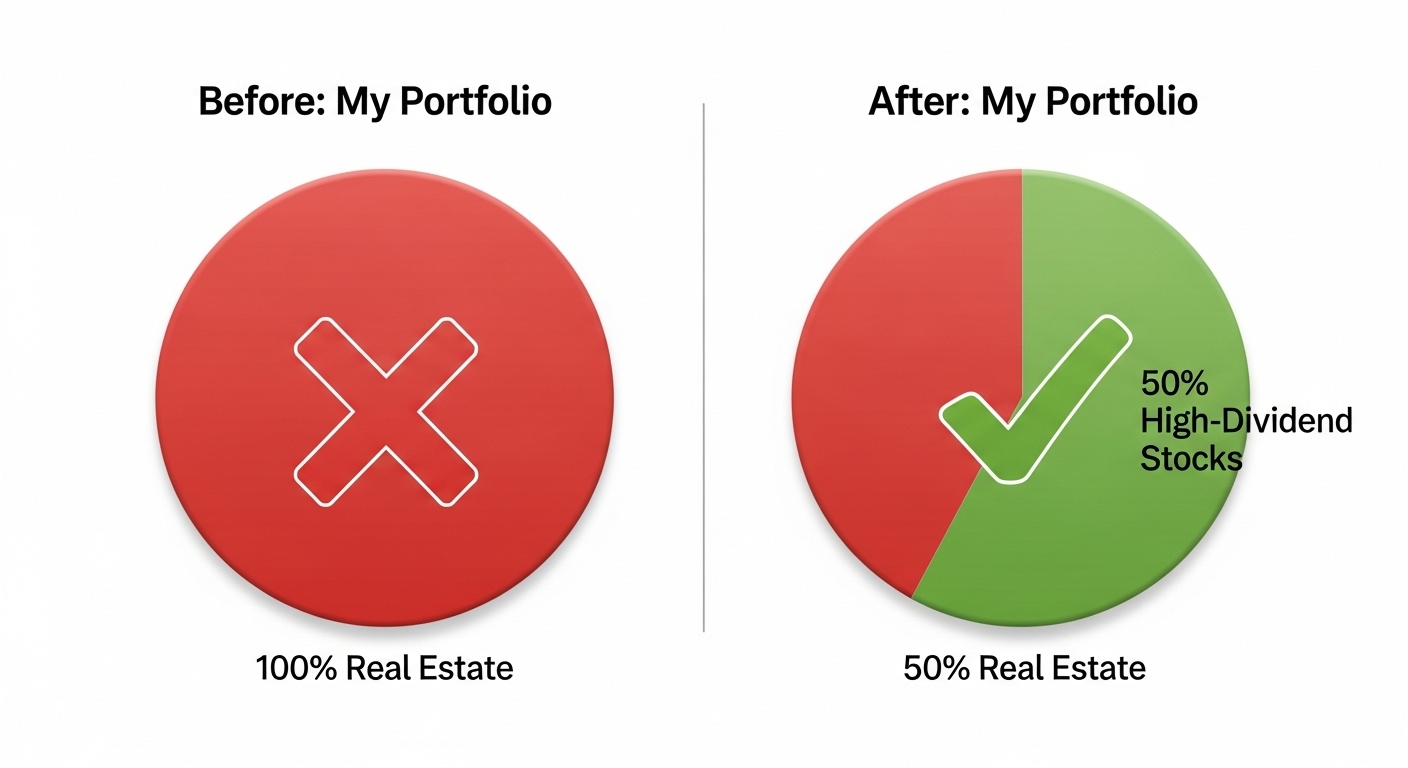 '부동산 100%' 포트폴리오(X 표시)에서, '부동산 50% + 고배당주(은행/증권/지주) 50%'(O 표시)로 리밸런싱하는 이미지