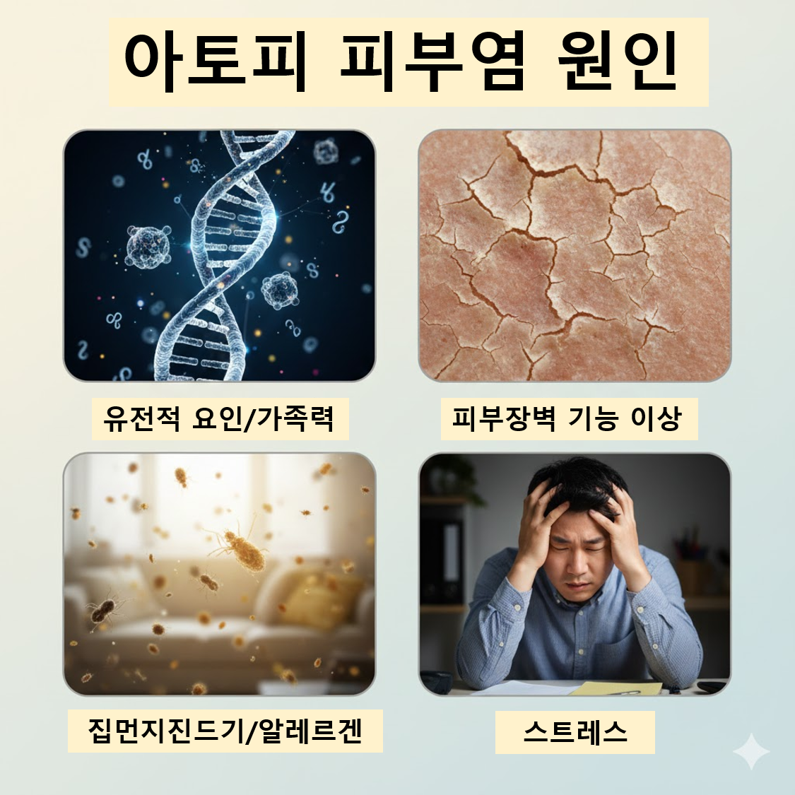 `아토피 원인 4가지 - 유전, 피부장벽 이상, 환경, 스트레스`