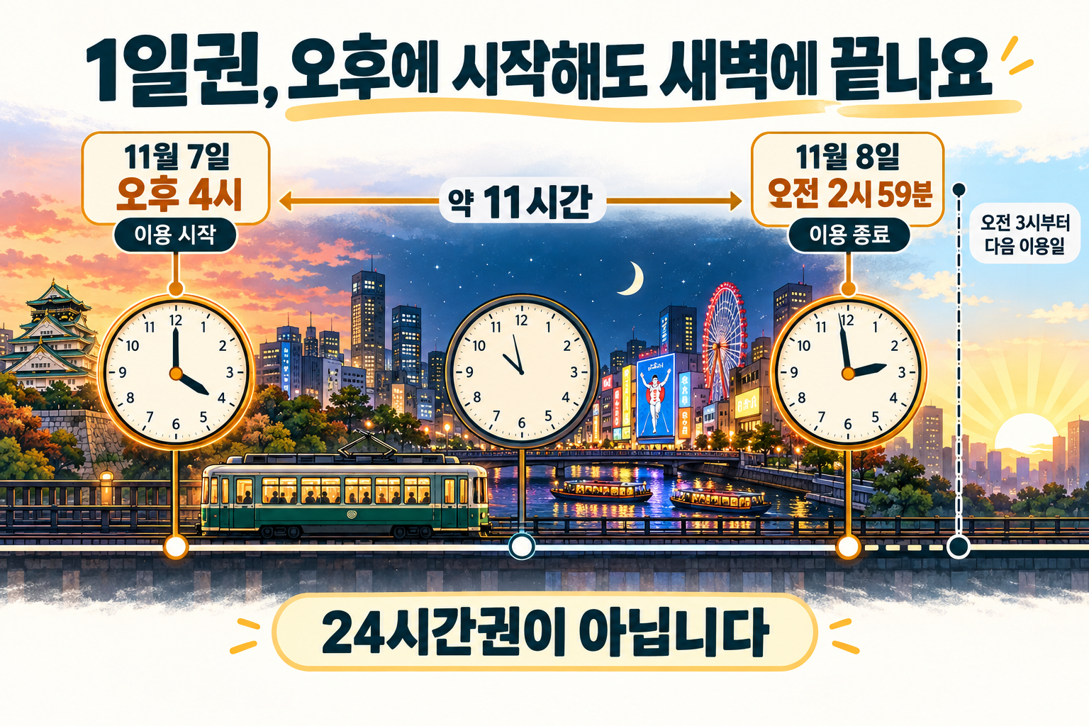 11월 7일 오후 4시에 시작한 1일권이 8일 오전 2시 59분에 끝나는 예시