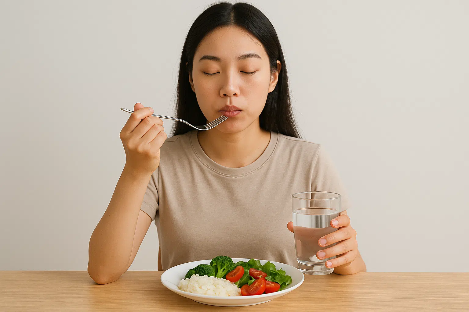 정자세로 앉아 식사하는 모습, 천천히 씹는 습관, 물 마시며 식사하는 건강한 습관