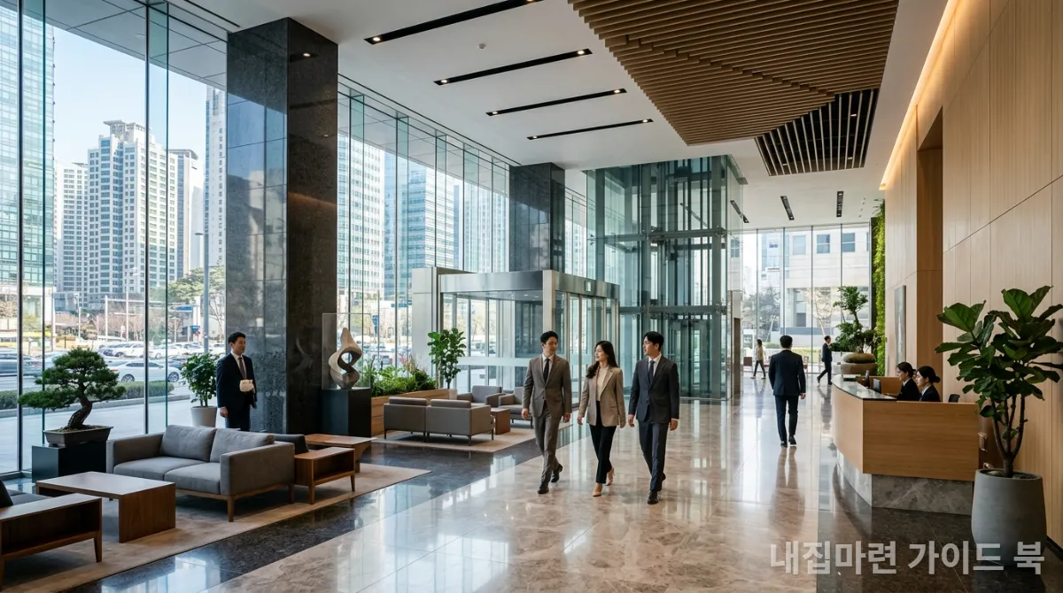 서울 핵심 업무지구의 현대적인 오피스 로비와 비즈니스 전문가들