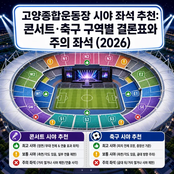 고양종합운동장 시야 좌석 추천: 콘서트&middot;축구 구역별 결론표와 주의 좌석 (2026)