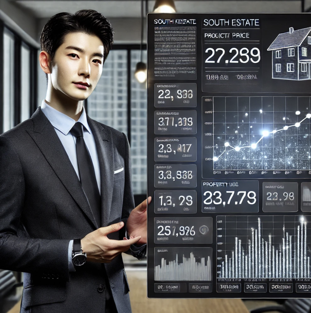 부동산 가격 데이터를 디지털 화면으로 설명하는 부동산 전문가