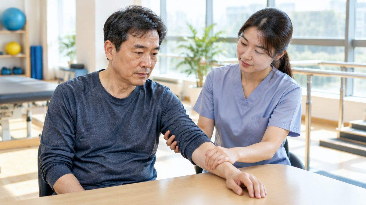 뇌졸중 후유증 종류를 확인하며 재활 치료를 받는 편마비 남성