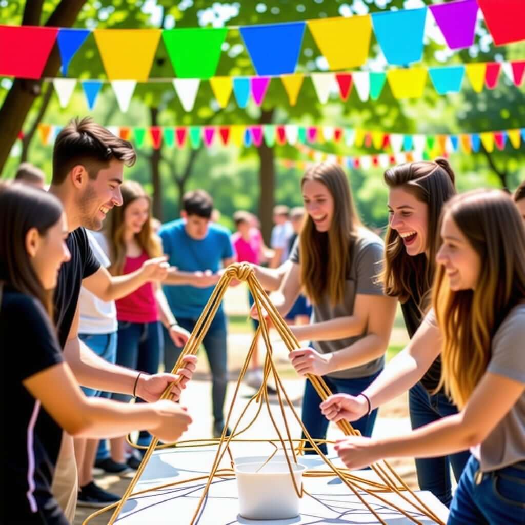 참가자들이 함께하는 팀 빌딩 게임이나 활동 모습.