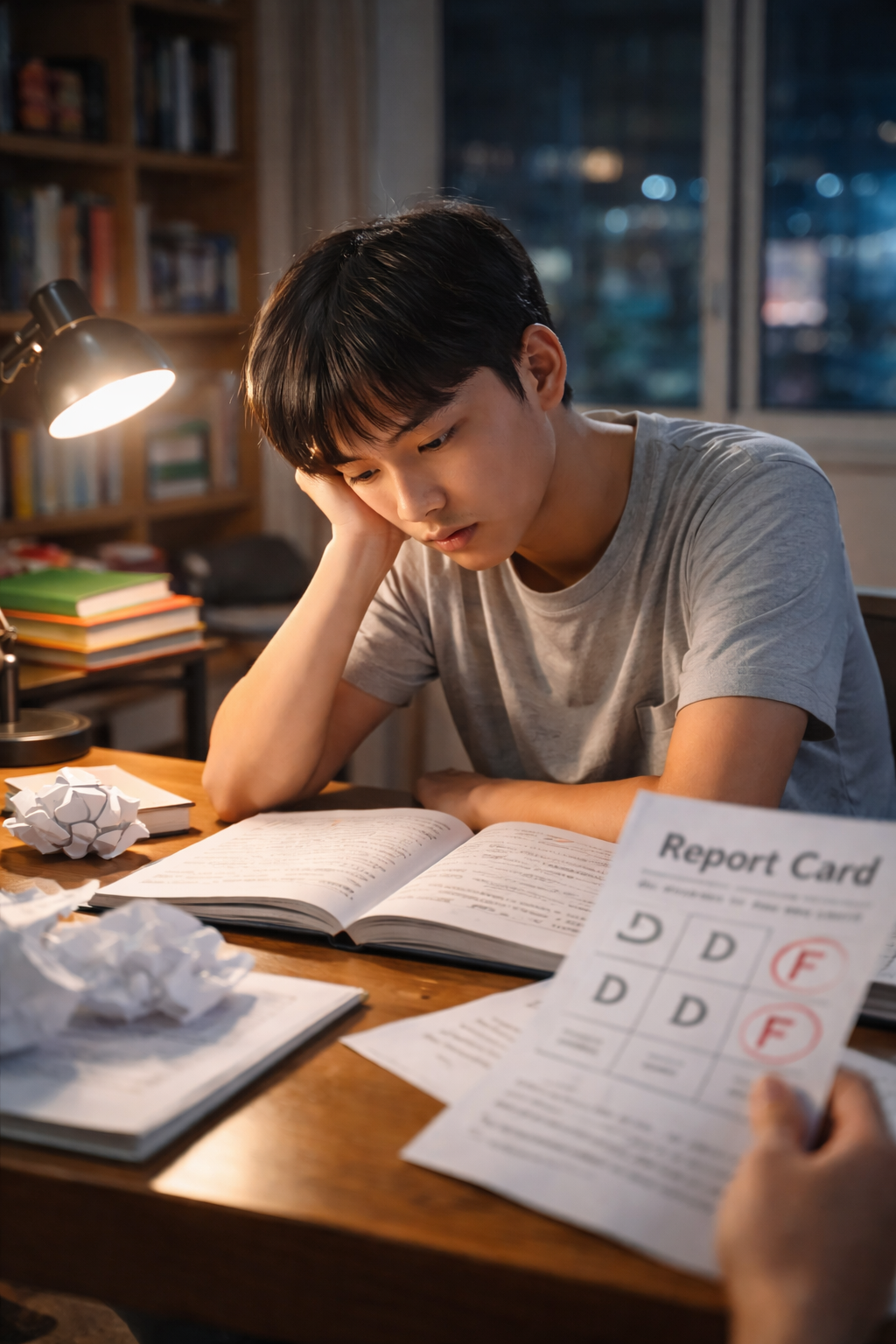 밤의 책상에서 좌절한 소년