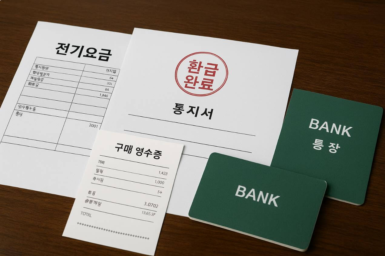 전기요금 고지서&middot;영수증&middot;통장과 환급 완료 도장