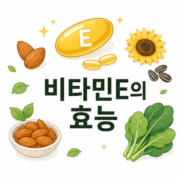 비타민E 캡슐과 아몬드, 해바라기씨, 녹색 채소를 함께 배치해 비타민E의 효능을 나타낸 대표 이미지