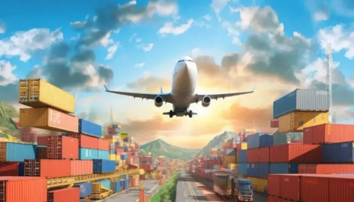 비행기와 컨테이너가 함께 보이는 글로벌 무역 물류 현장, 수출입과 공급망 이동을 상징하는 장면