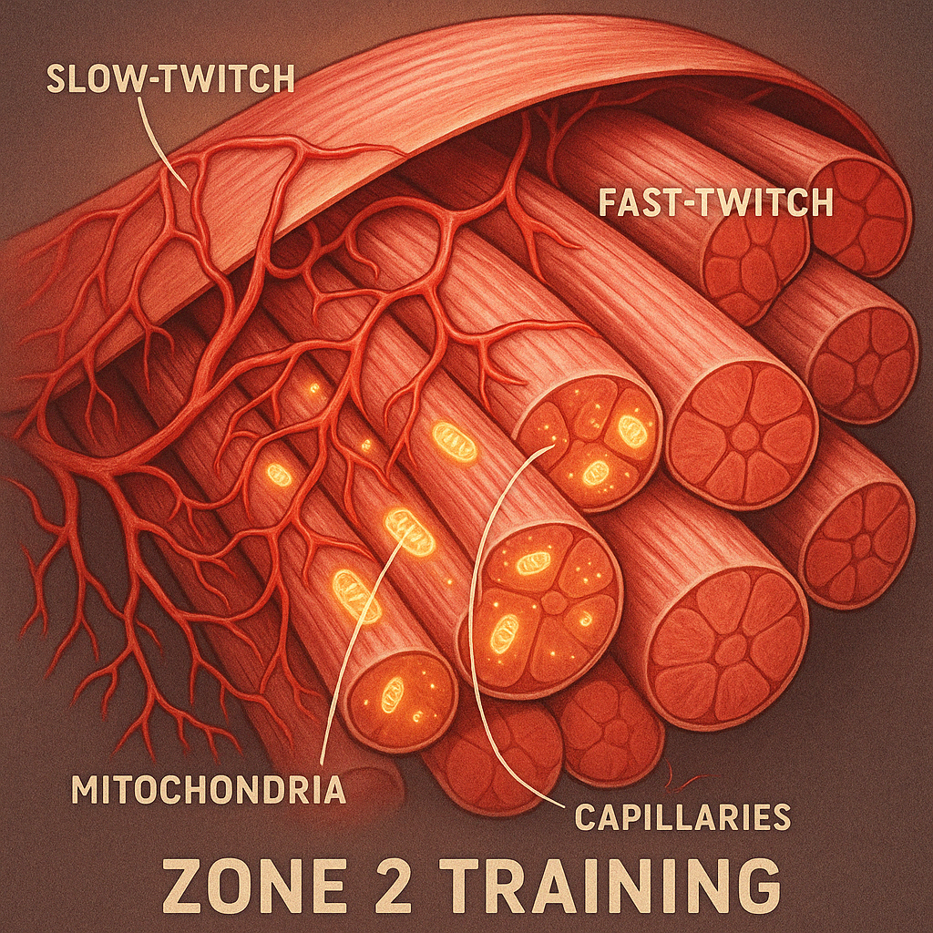 지근과 속근을 강조하며 빛나는 미토콘드리아와 모세혈관이 뻗어 있는 모습