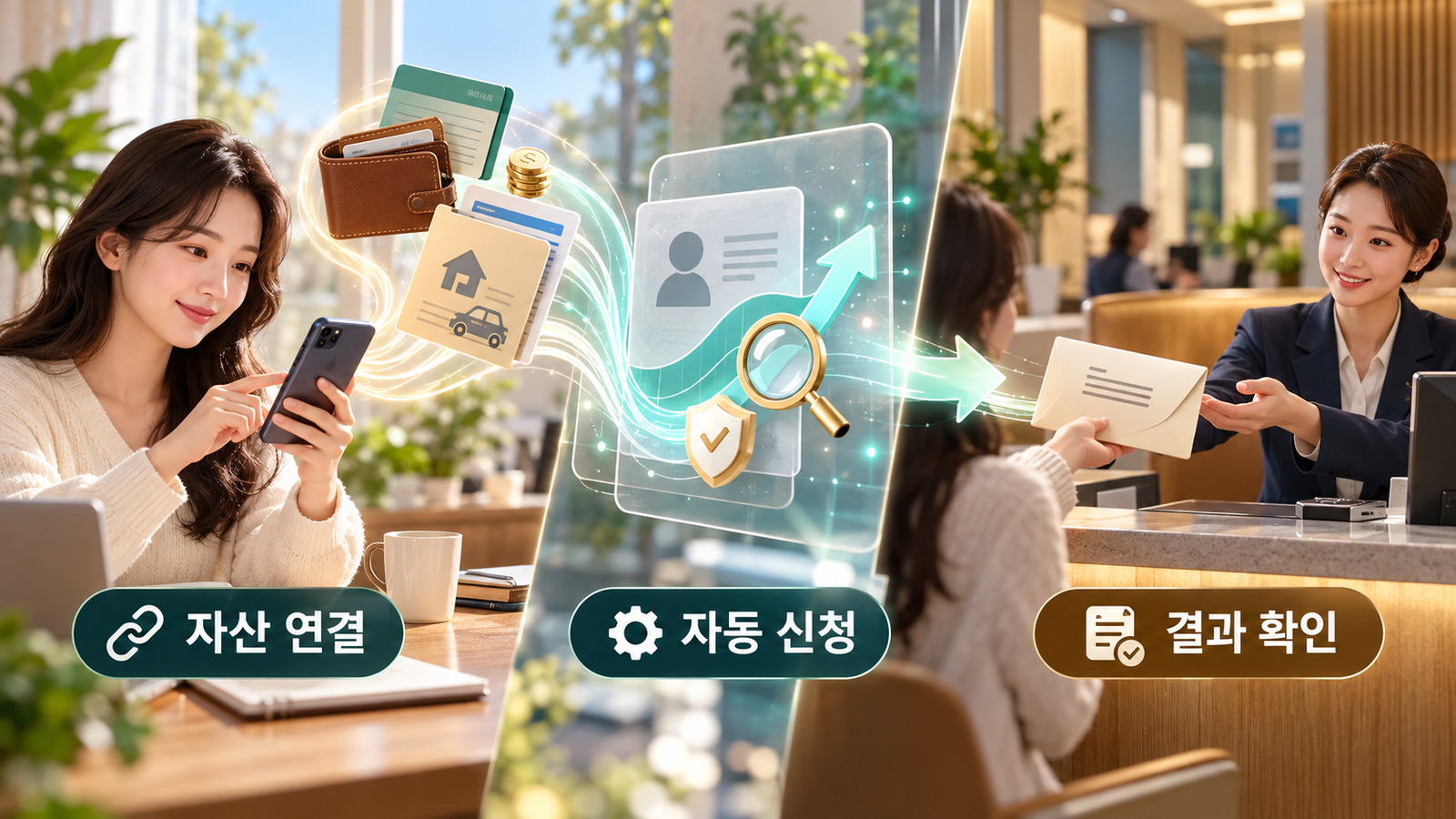 휴대전화로 자산을 연결하고 자동신청 정보를 전달한 뒤 금융회사에서 결과를 확인하는 과정을 세 장면으로 나타낸 이미지