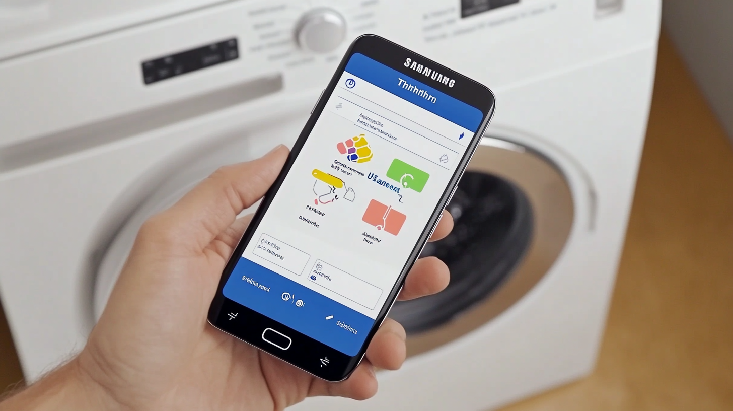 스마트폰으로 삼성의 스마트싱스 앱을 통해 원격 제어하는 장면으로, 화면에 세탁과 건조 상태가 표시되어 앱 사용의 편리함이 강조된 이미지입니다.