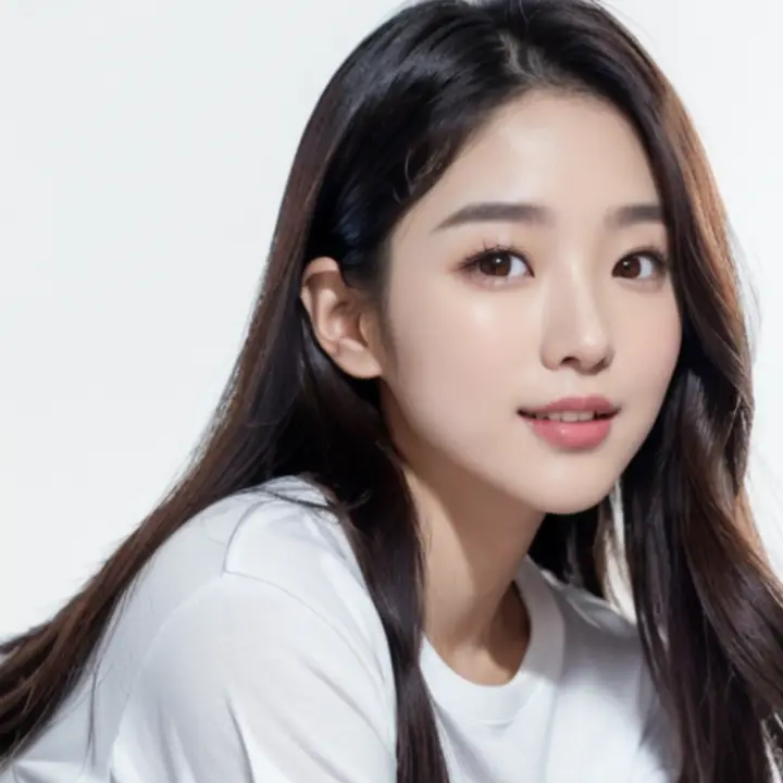 오똑한 코 분홍색 입술 하얀 피부 긴 생머리에 강아지 처럼 귀엽게 생긴 흰 티셔츠를 입은 여성