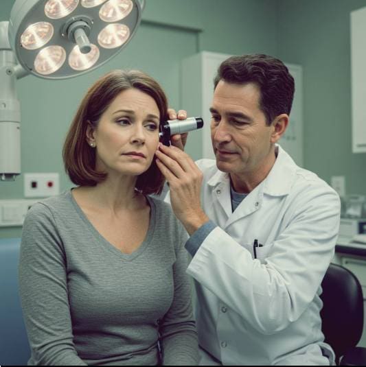 성인 중이염 진단과 치료, 중이염 치료 받는 중년 여성 사진