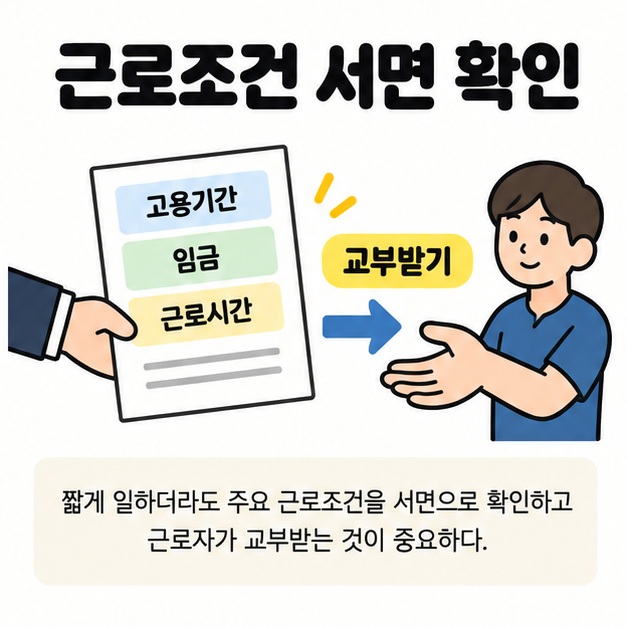 고용기간, 임금, 근로시간이 적힌 문서를 근로자에게 전달하는 모습으로 근로조건 서면 확인과 교부를 설명한 이미지
