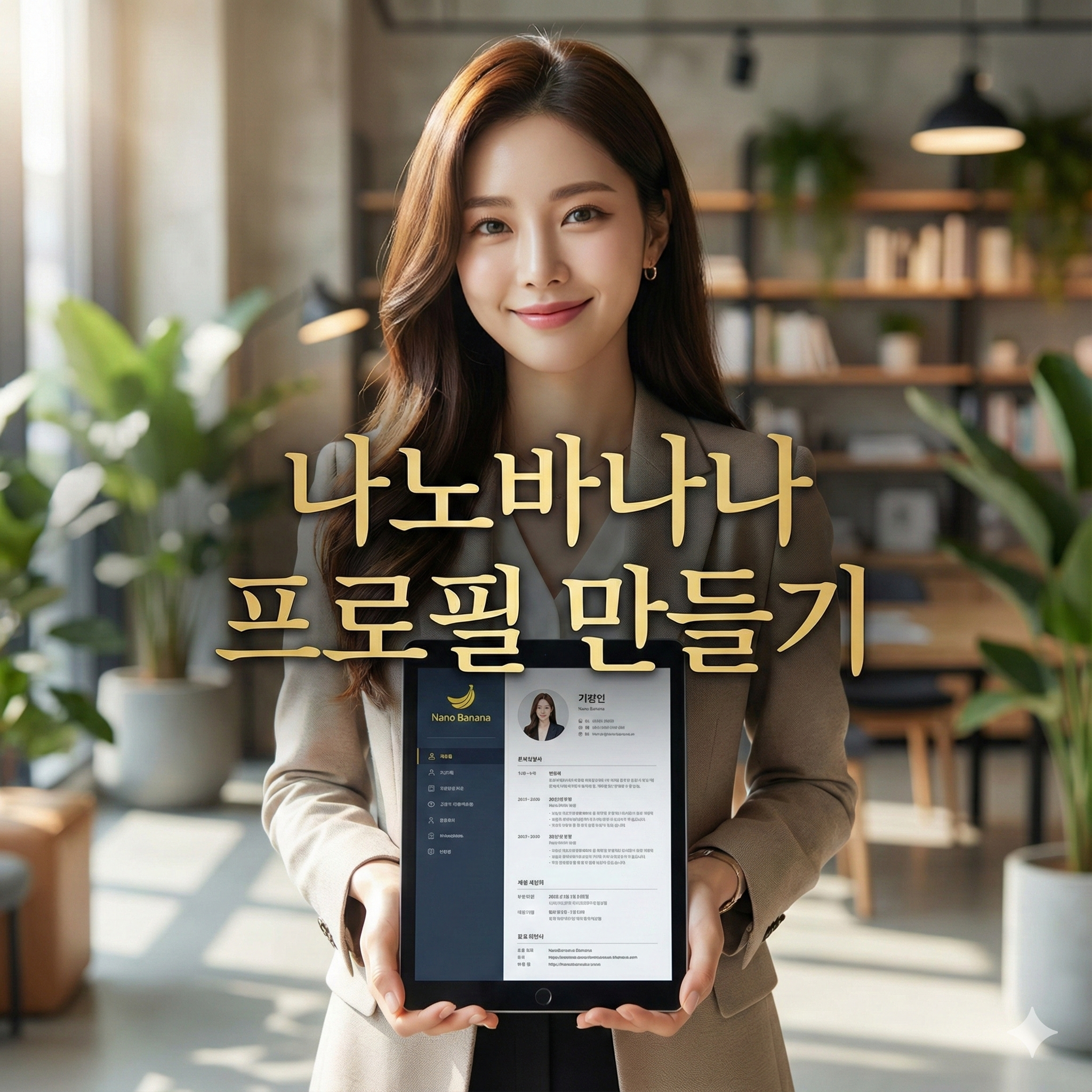 브라운 정장을 입은 여성 크리에이터가 밝은 표정으로 태블릿을 들고 있으며, 태블릿 화면에는 프로필 정보가 표시되어 있고, 배경은 아늑한 사무실 분위기이다.