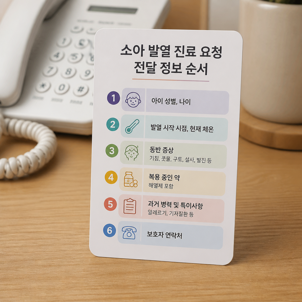 소아 발열 진료 요청 때 전달할 정보를 순서대로 정리한 카드